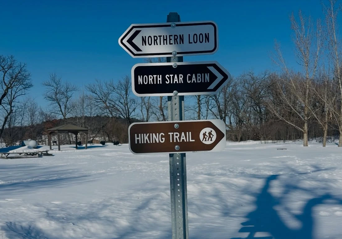 A signpost pointing to the Northern Loon, the North Star Cabin and the hiking trail