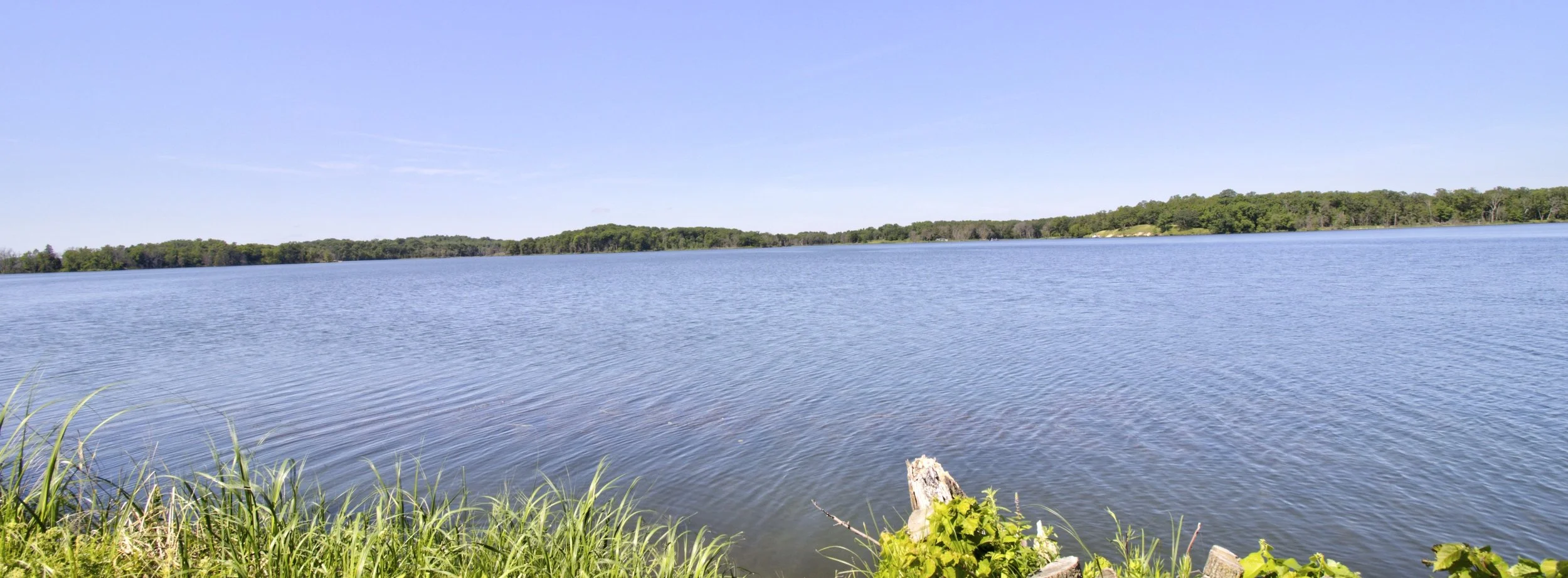 Spitzer Lake on a clear summer day, the far shore lined with trees